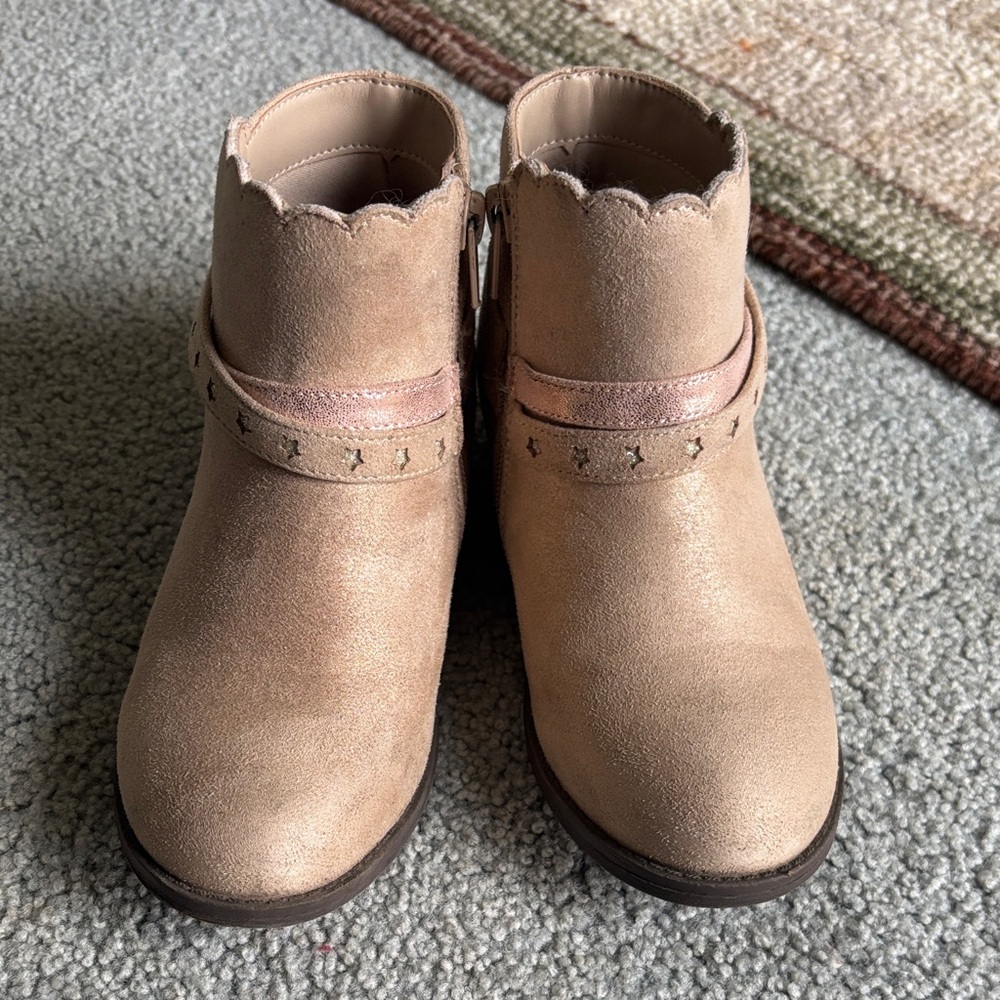 Lands' End Girls Tan Scalloped Ankle Boots with Metallic Accent